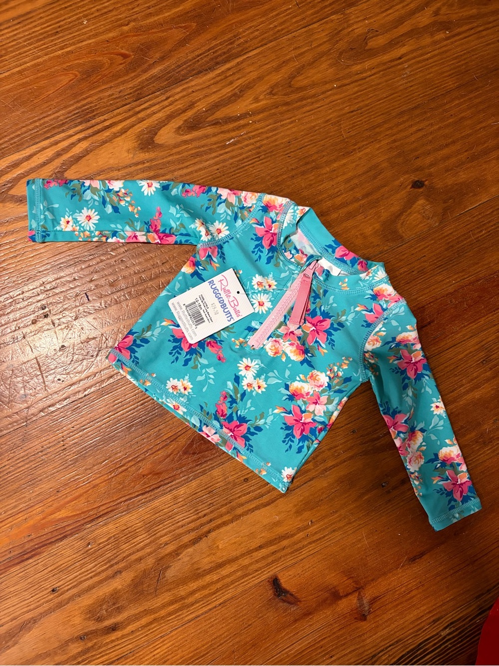 Ruffle Butts Teal Floral Long-Sleeve Rashguard with Pink Zip
